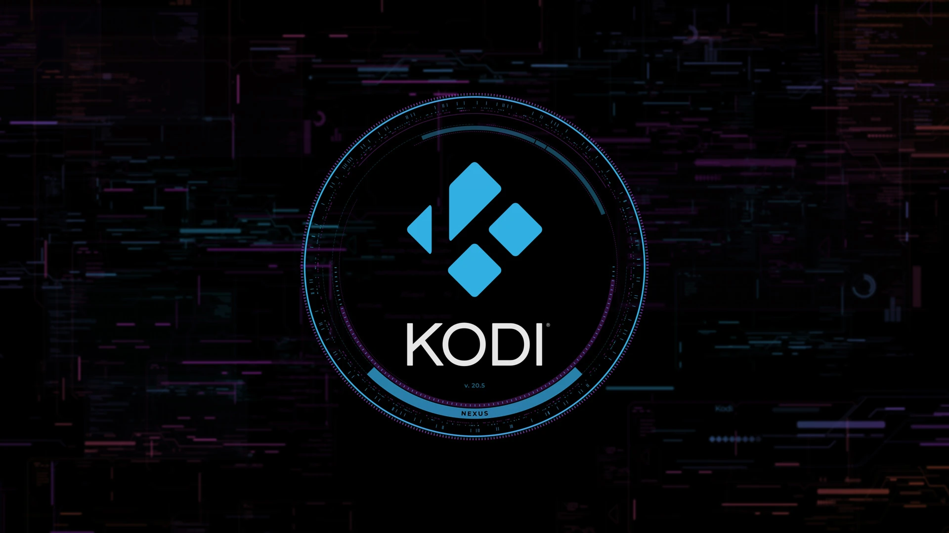 Kodi 20.5 "Nexus" Splash Screen - a blue Kodi logo sits in the centre of a black page, around it, a dial - a gauge or chronograph, perhaps.