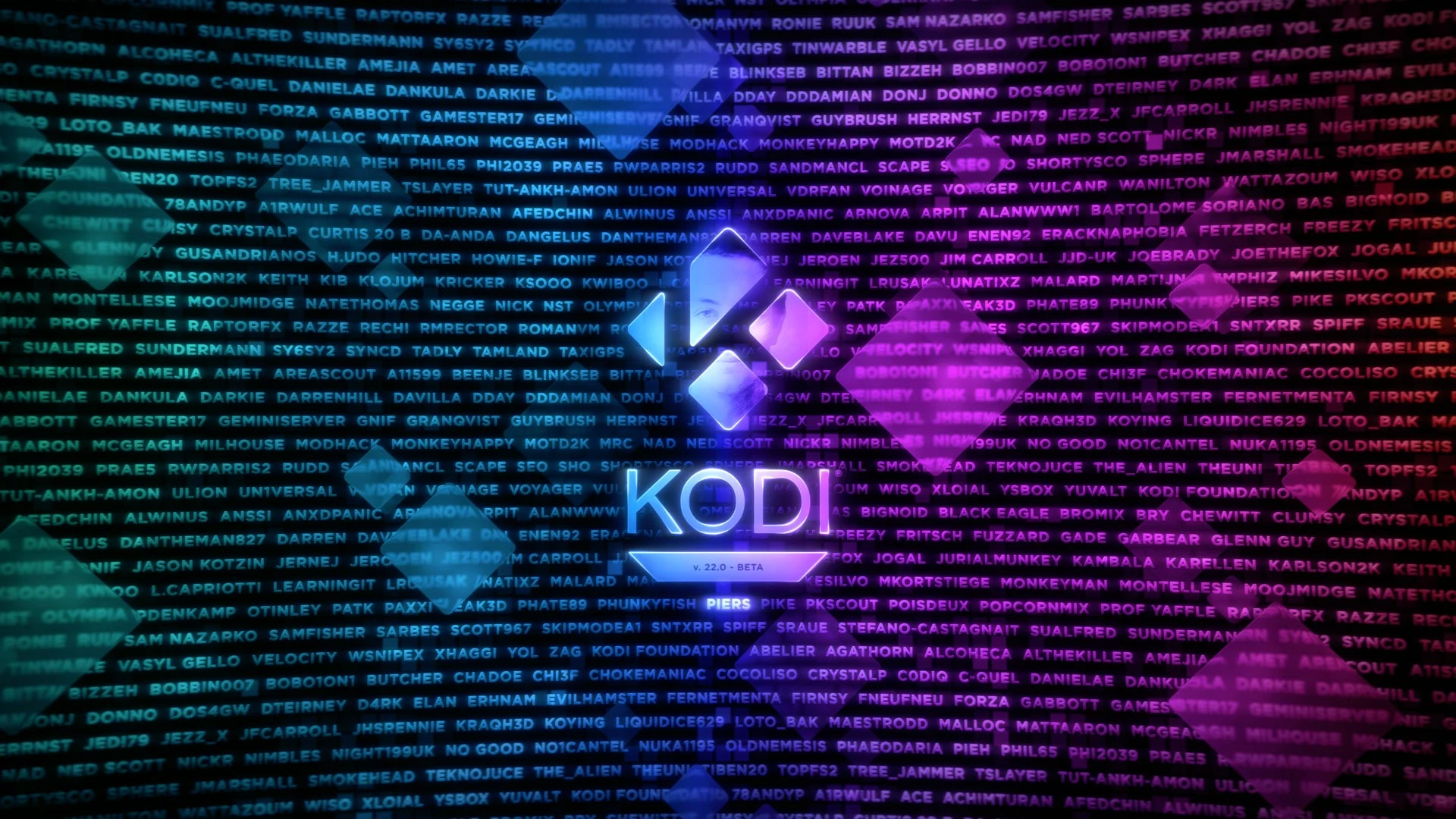 Kodi 22.x "Piers" Beta Splash Screen A sea of shades of purple - text in the background, a solitary Kodi logo and the name "Piers" in the foreground. Look closer, and the text is a huge list of all of the contributors to Kodi over the years.